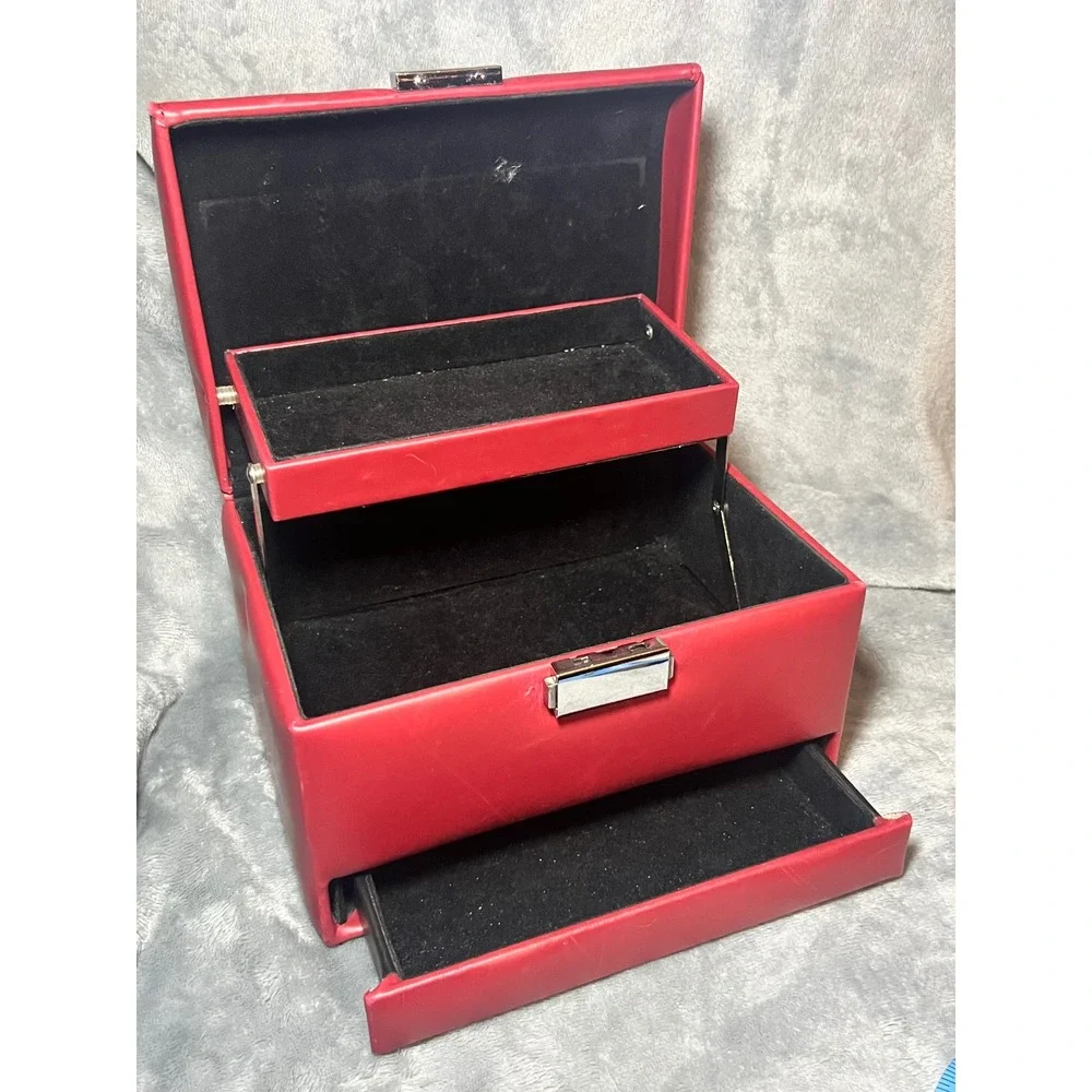 Vintage Red‎ Faux Leather Jewelry Box Case With Handle Tray Drawer 9 Inch
